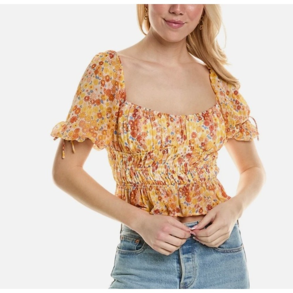 STAUD Faye Top Size M Soleil Flower Market Floral Smocked Puff Sleeve Cotton
